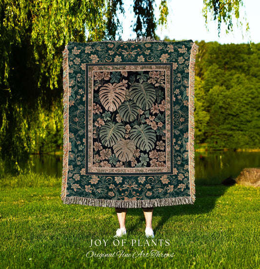 Enchanted Grove Woven Fringe Tapestry | Forestcore Home Decor Cottagecore Maximalist Blanket Whimsical Monstera Vibes Trendy Bedroom Artwork