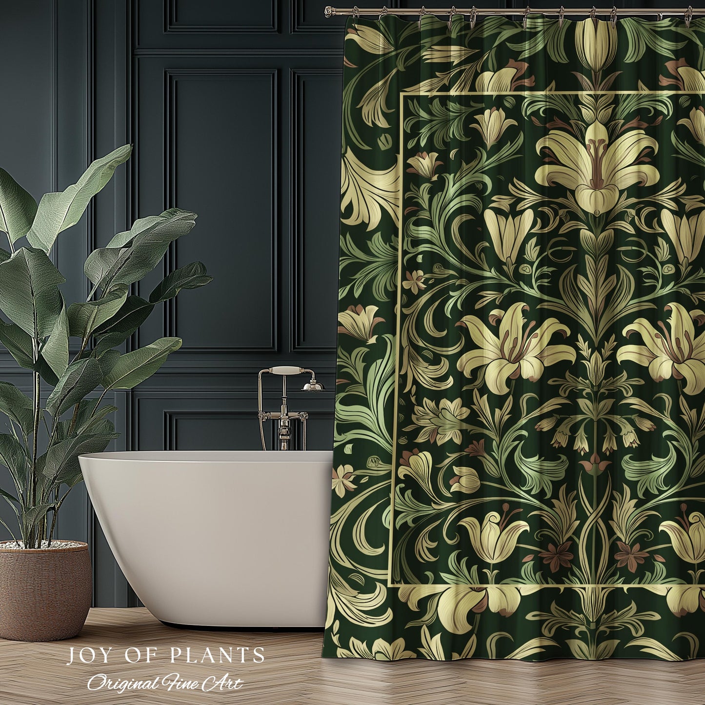 Antique Victorian Floral Shower Curtain Dark Green Botanical Aesthetic, Baroque Inspired Art Nouveau Bathroom Cottagecore William Morris |