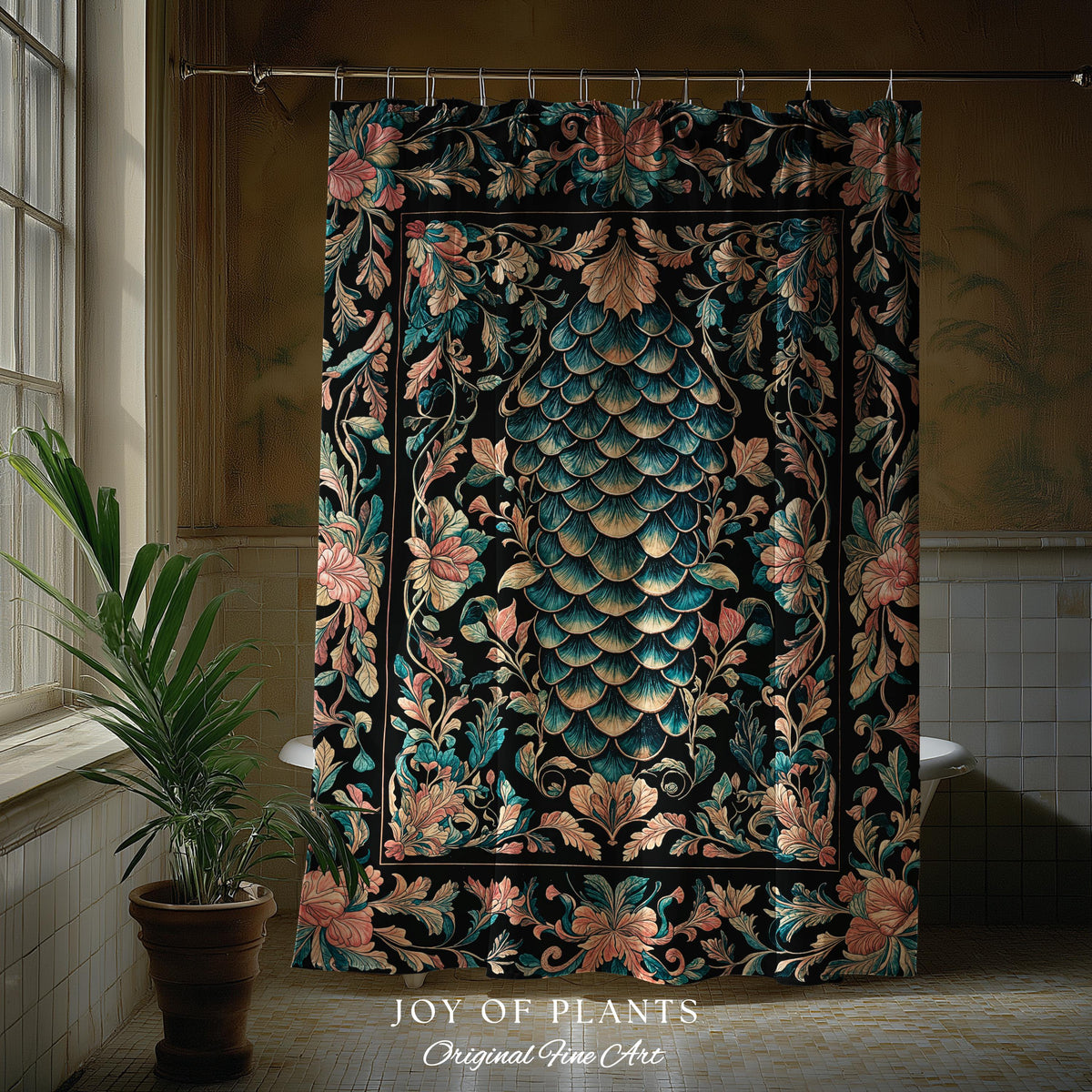 Pastel Mystic Fairytale Shower Curtain | Gothic Dragon Scale Bathroom Decor Princesscore Ethereal Floral Cottagecore Accent Medieval Design