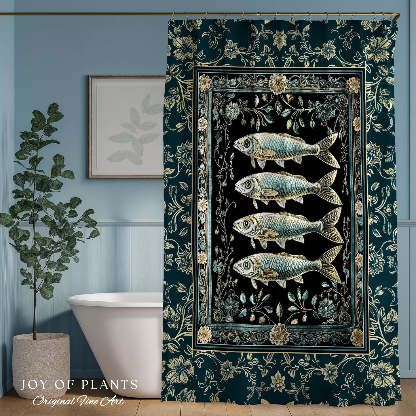 Maximalist Sea Life Sardine Shower Curtain | Coastal Folklore Bathroom Nautical Rustic Oceancore Costal Fish Marine Themed Decor Bath Decor