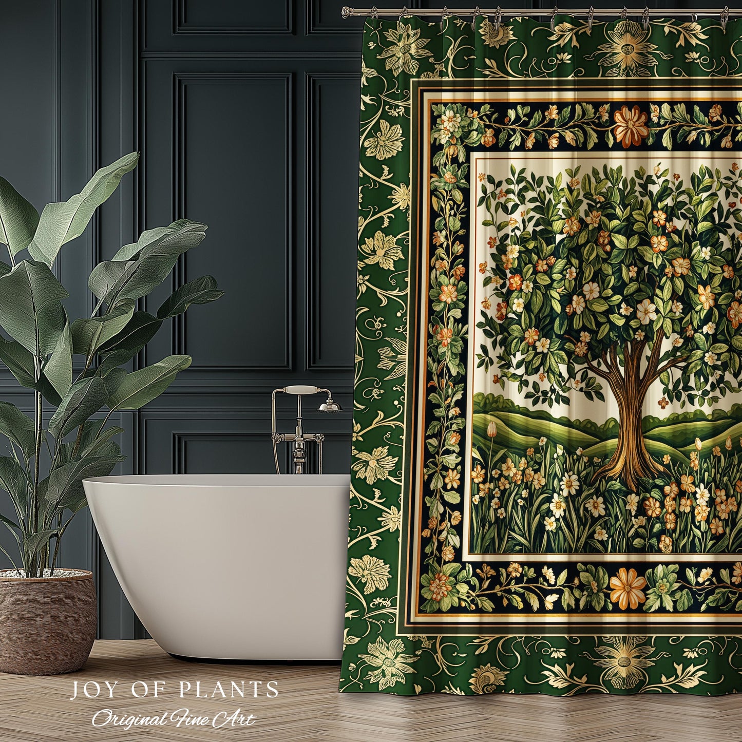 Emerald Green Floral Tree of Life Shower Curtain | Botanical Forestcore Folklore Vintage Floral Enchanted Cozy Cottagecore Whimsical Bath |