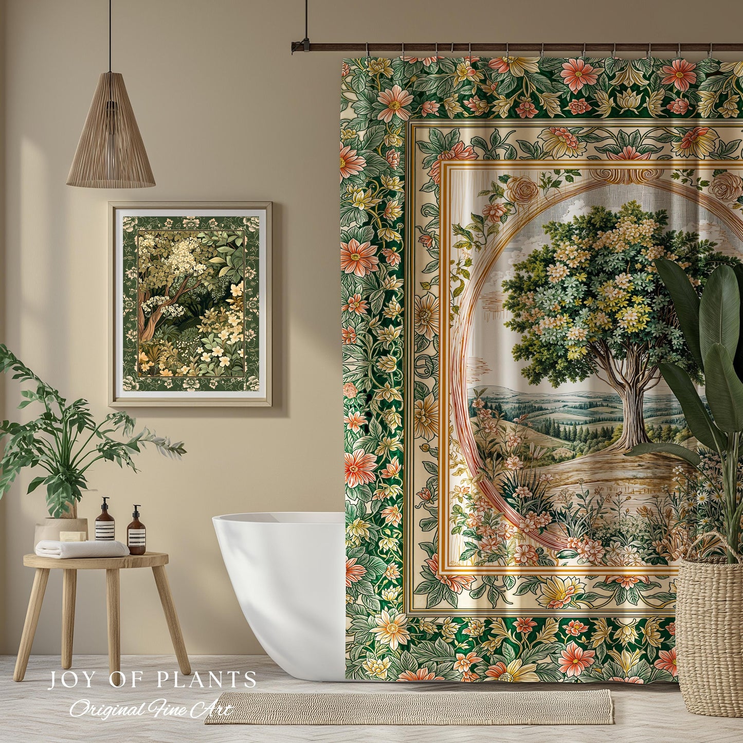 Chateau Garden Tree of Life Shower Curtain | French Provincial Landscape Antique Floral Accent Romantic Aesthetic Victorian Bathroom Decor |