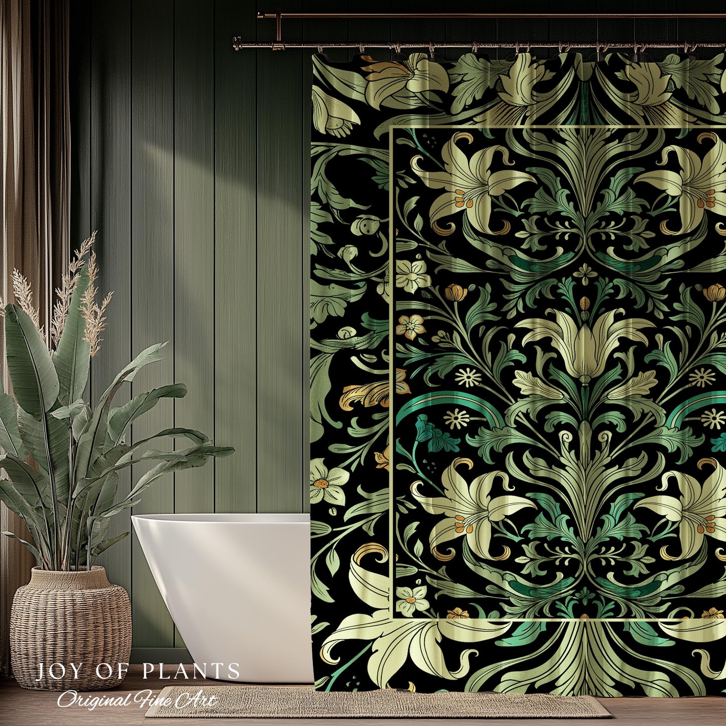 Ornate Green Botanical Shower Curtain Art Nouveau Victorian Floral William Morris Inspired Decor | Elegant Bathroom Lily Flower Cottagecore