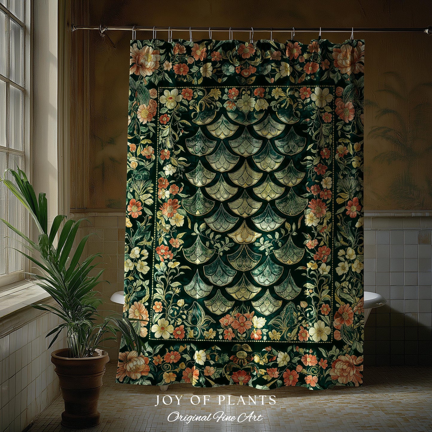 Regal Enchanted Dragon Scale Shower Curtain | Gothic Fairytale Bathroom Accent Medieval Floral Dark Academia Elegant Bathroom Decor Colorful