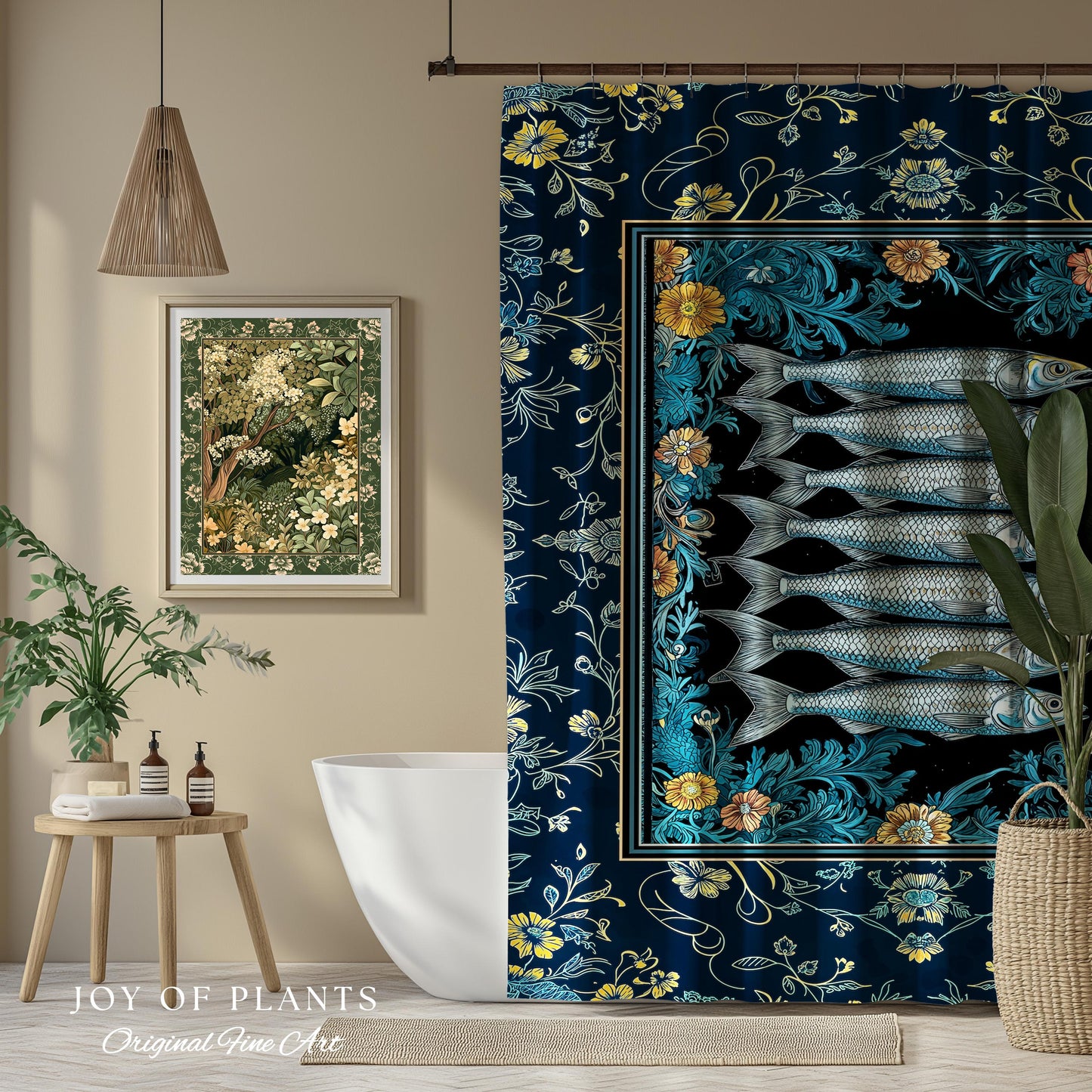 Trendy Coastal Aesthetic Shower Curtain | Eclectic Maximalist Modern Sea Life Bathroom Indie Sardine Bath Art Rustic Nautical Fish Decor |