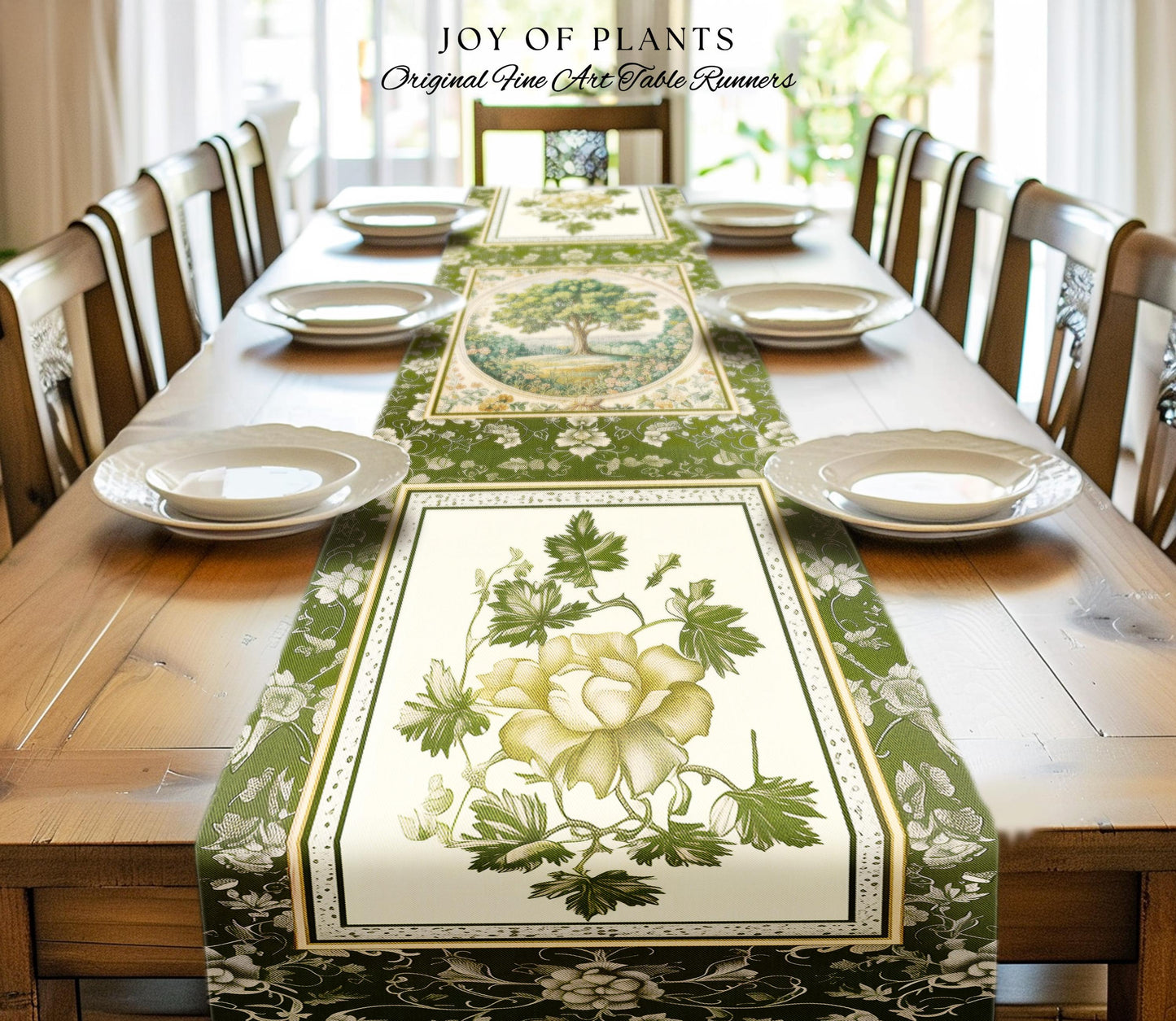 Victorian Soft Aesthetic Tree of Life Runner | Romantic Botanical Regency Decor Floral Enchanted Forest Accent Green Tones Cottagecore Table