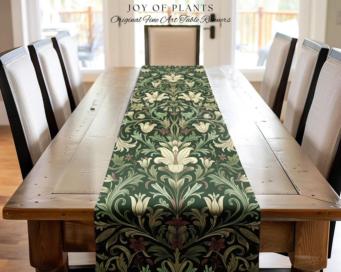 Antique Victorian Floral Table Runner Dark Green Botanical Aesthetic, Baroque Inspired Art Nouveau Vintage Cottagecore William Morris Style