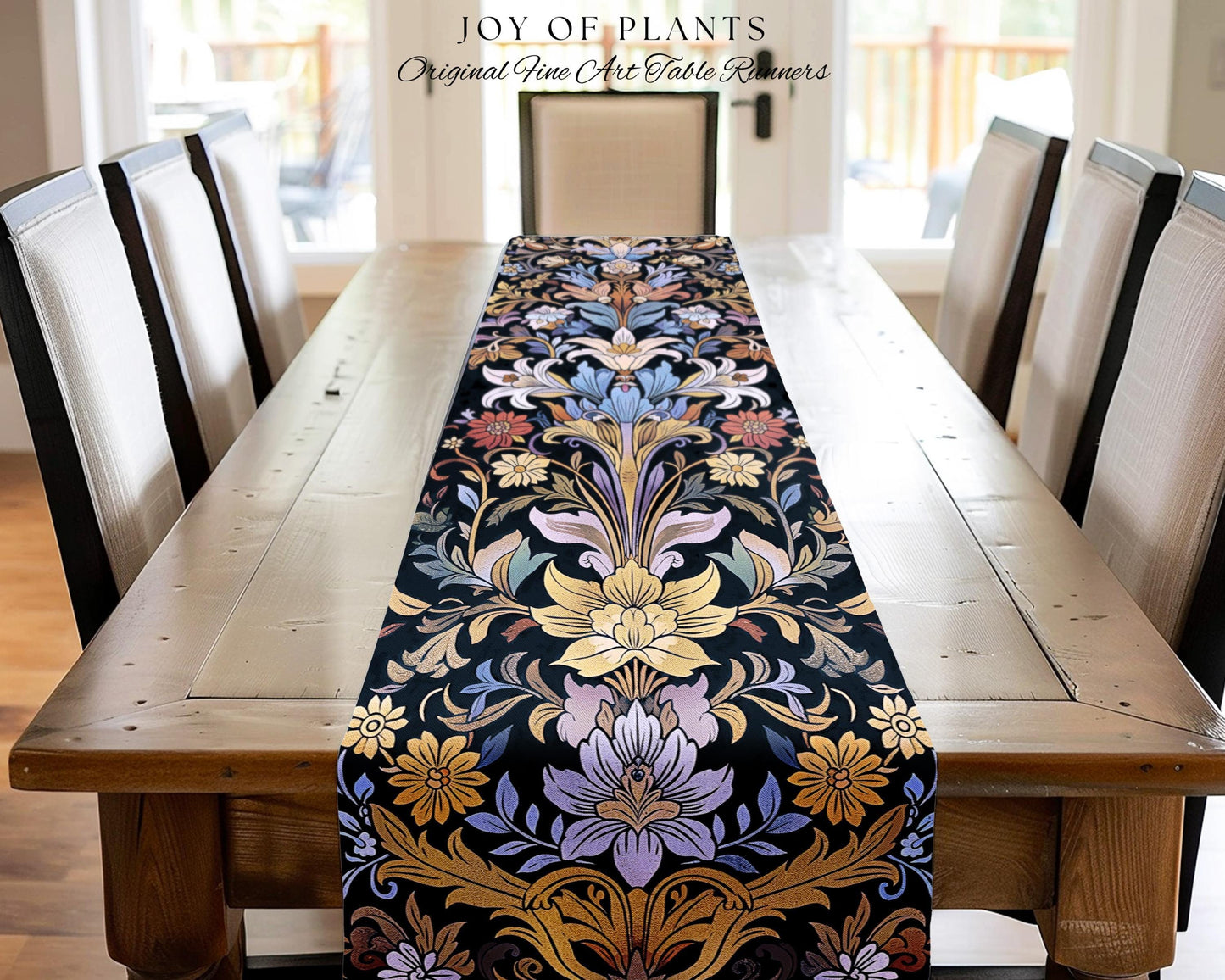 Bohemian Botanical Art Nouveau Floral Table Runner Enchanted Forest Flower Motifs, Whimsical Cottagecore Charm Fairycore Inspired Folk Art