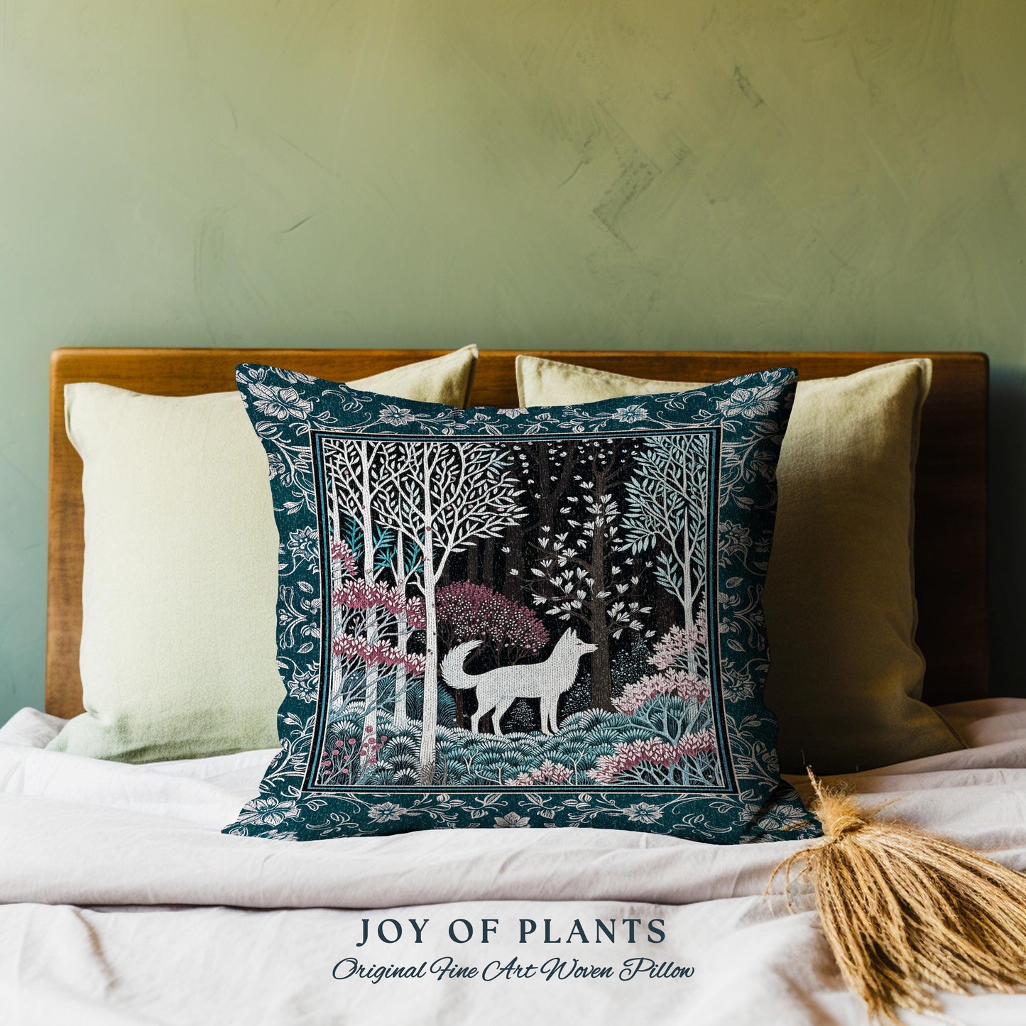 Storybook Folklore Boho Woven Decorative Wolf Cushion Tapestry Throw Pillow