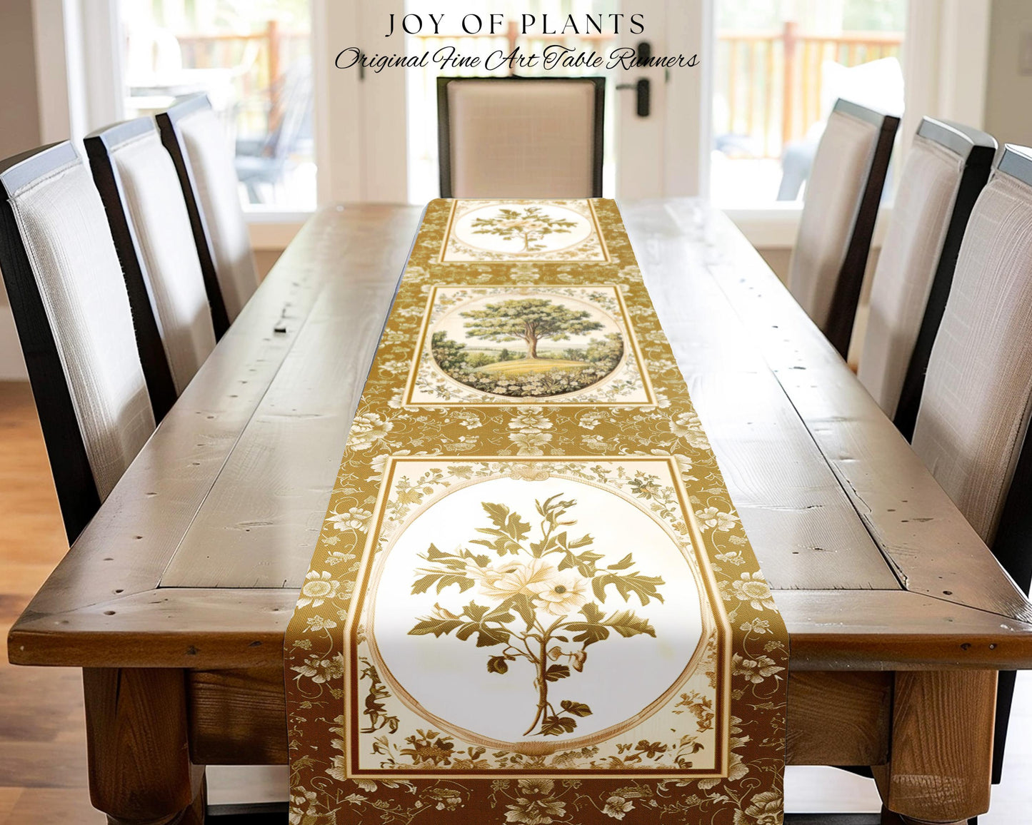 French Countryside Botanical Tree Table Runner | Victorian Garden Romantic Country Decor Floral Pastoral Scene Antique Cottage Aesthetic |
