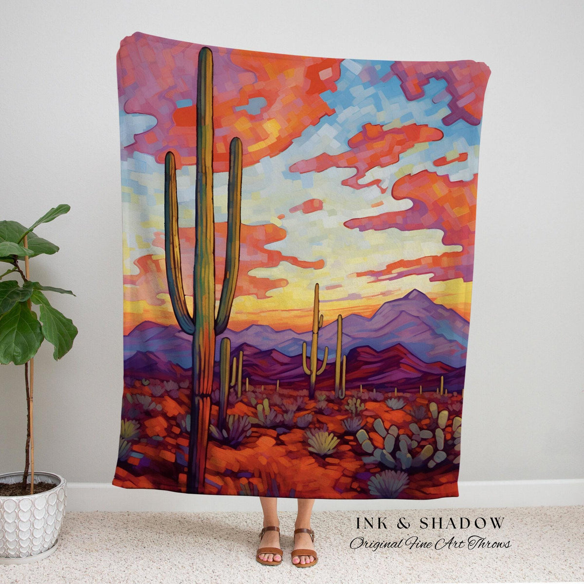 Moody Desert Landscape Blanket | Whimsical Home Decor Housewarming Gift Blanket Cactus Aesthetic Blanket Woven Tapestry Southwest Landscape