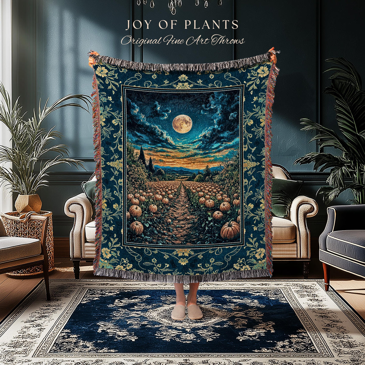 Dark Moody Harvest Moon Throw Blanket | Whimsigoth Dark Academia Vibe Pumpkin Patch Woven Tapestry Spooky Season Rustic Fall Decor Halloween