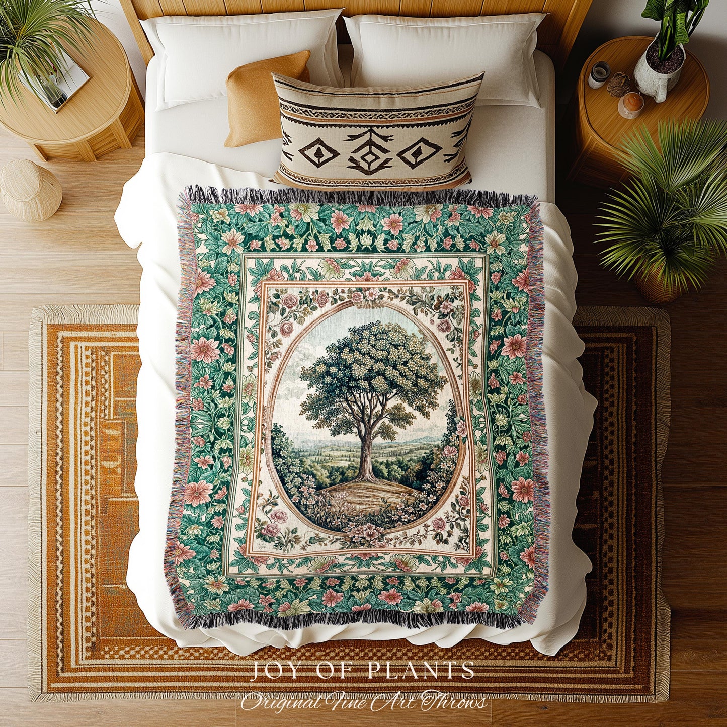Romantic Ornate Botanical Countryside Tree Throw Blanket Woven Cotton Wall Tapestry