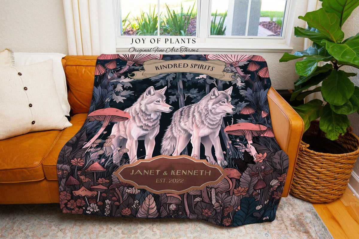Mushroom Forest Wolf Couple Tapestry Blanket | Cottagecore Wedding Anniversary Mr & Mrs Personalized Unique Cute Couple Gift for Boyfriend |