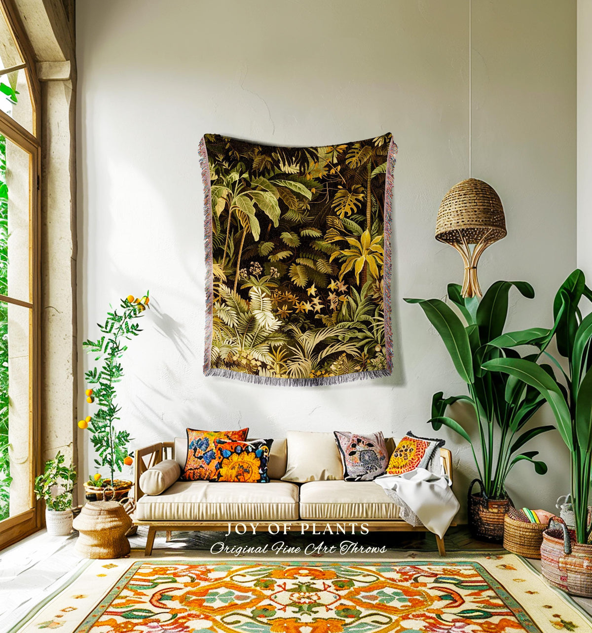 Moody Botanical Jungle Leaves Coverlet | Eclectic Green Maximalist Woven Blanket Whimsigoth Vintage Botanical Nature Living Room Forest |