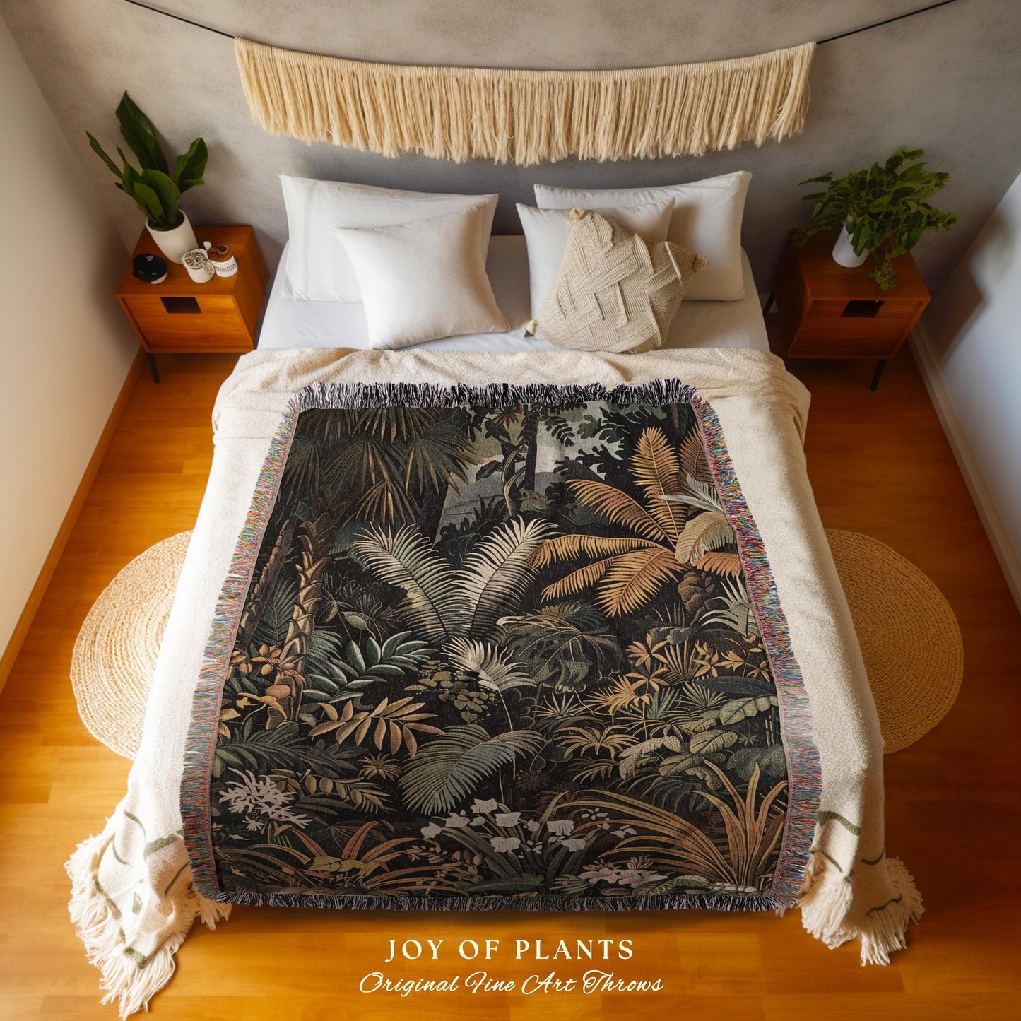 Earthy Colors Tropical Leaves Throw Blanket | Jungle Theme Bedroom Decor Whimsical Botanical Living Room Forest House Plant Tapestry Woven