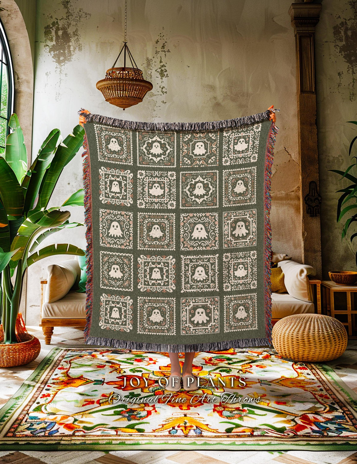 Sage Green Ghost Accent Blanket Cozy | Pastel Gothic Ghost Whimsical Throw Blanket Book Nook Bedroom Decor Retro Fall Vibe Housewarming Gift
