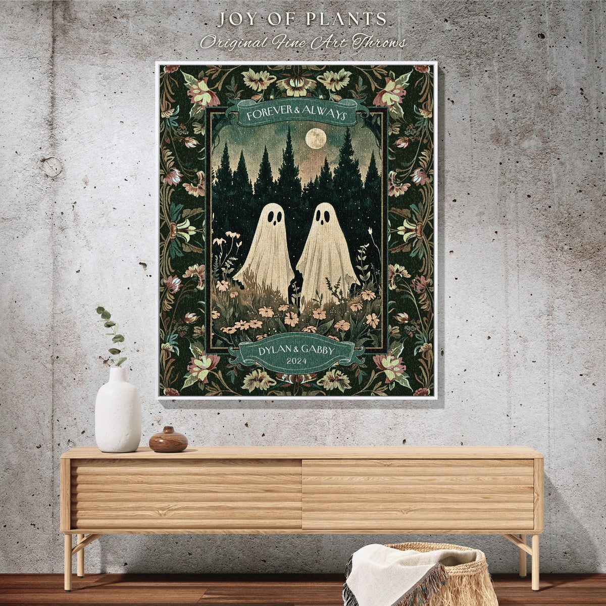Celestial Ghost Lovers Woven Tapestry | Ethereal Anniversary Gift Personalized Kindred Spirits His and Hers Custom Ghost Couple Throw Floral