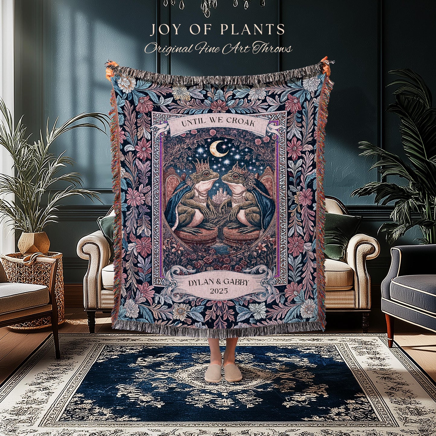 Royal Toad Lovers Personalized Blanket, Custom Name Frog Couple Gift Woven Throw Romantic Celestial Anniversary Tapestry Whimsical Keepsake