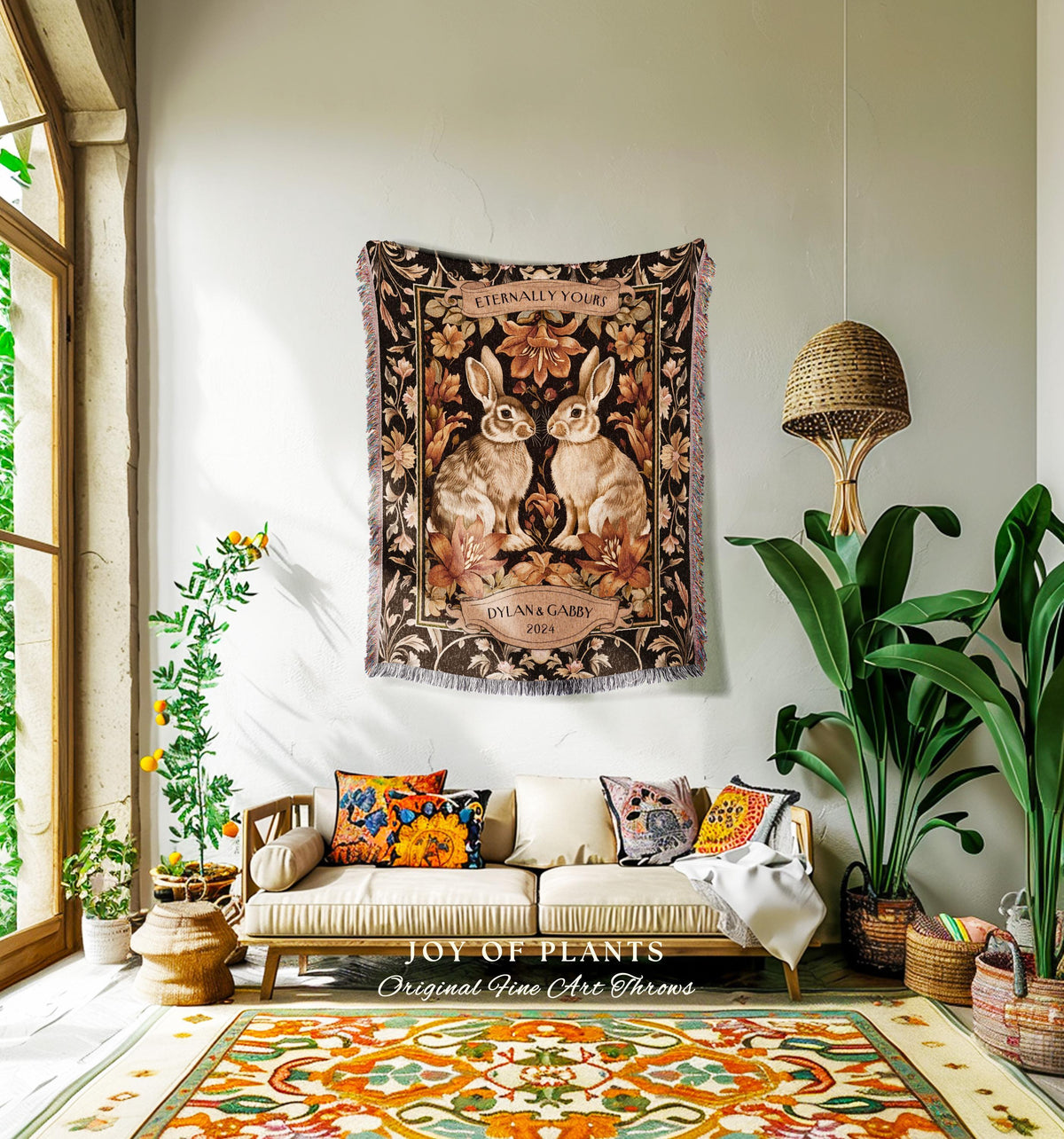 Pastel Florals Romantic Bunny Couple Tapestry | Woodland Fairycore Bunny Blanket Cute Couples Woven Blanket Cottagecore Personalized Throw