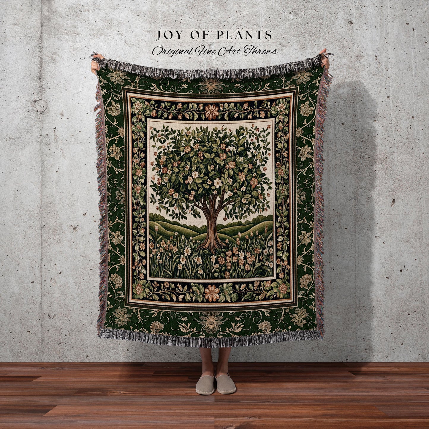 Emerald Green Floral Tree of Life Tapestry Blanket Jacquard Woven Coverlet