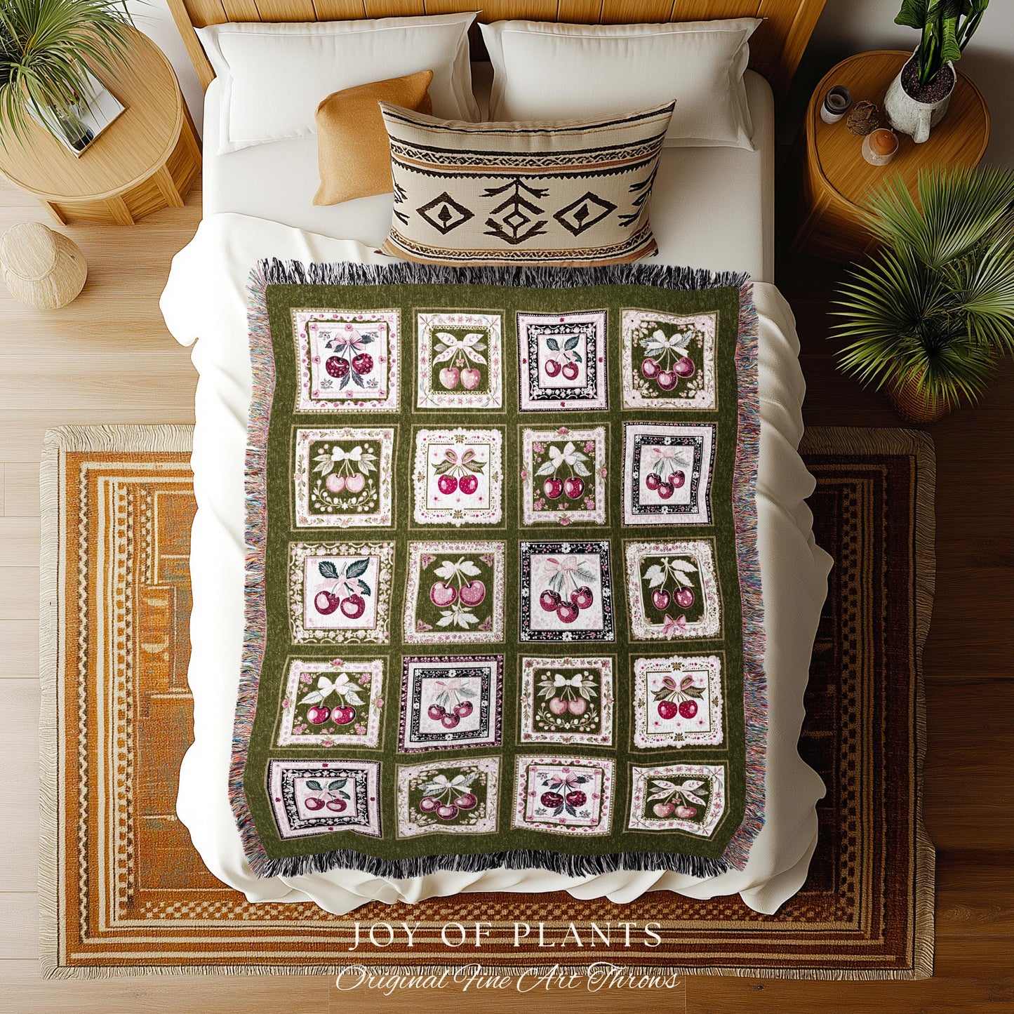 Checkered Farmhouse Cherries Blanket Whimsical Cottagecore Tapestry Throw | Coquette Folk Art Fruit Patchwork Bow Accent Woven Wall Decor