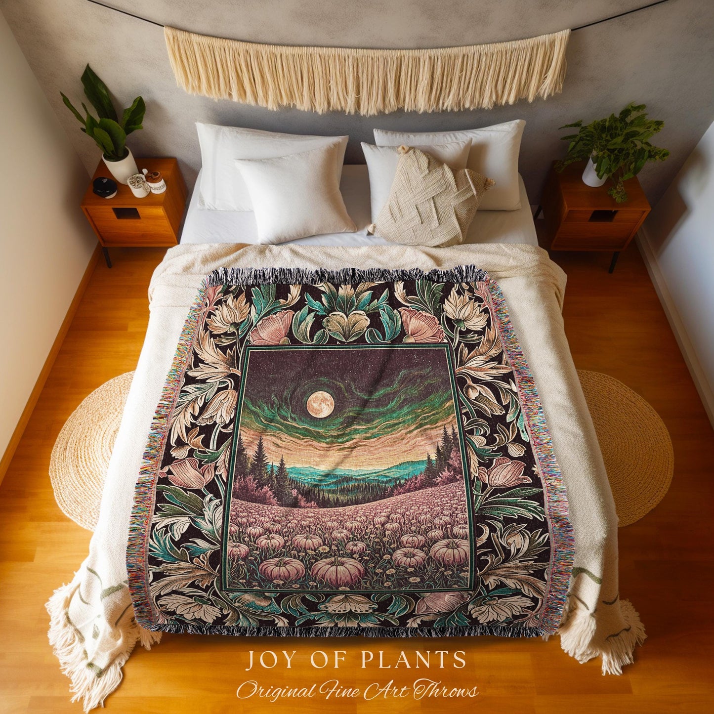Mystical Sunset Full Moon Pumpkin Patch Cottagecore Tapestry Throw Blanket, Harvest Fields Landscape Woven Wall Hanging Fall Folk Art Decor