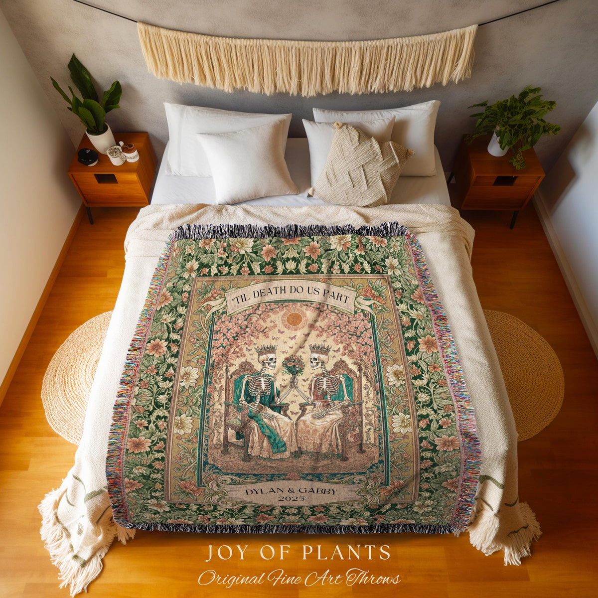 Mystic Lovers Skeleton Custom Blanket | Personalized Names Witchy Couple Throw Gothic Wedding Gift Baroque Floral Tapestry Cozy Anniversary
