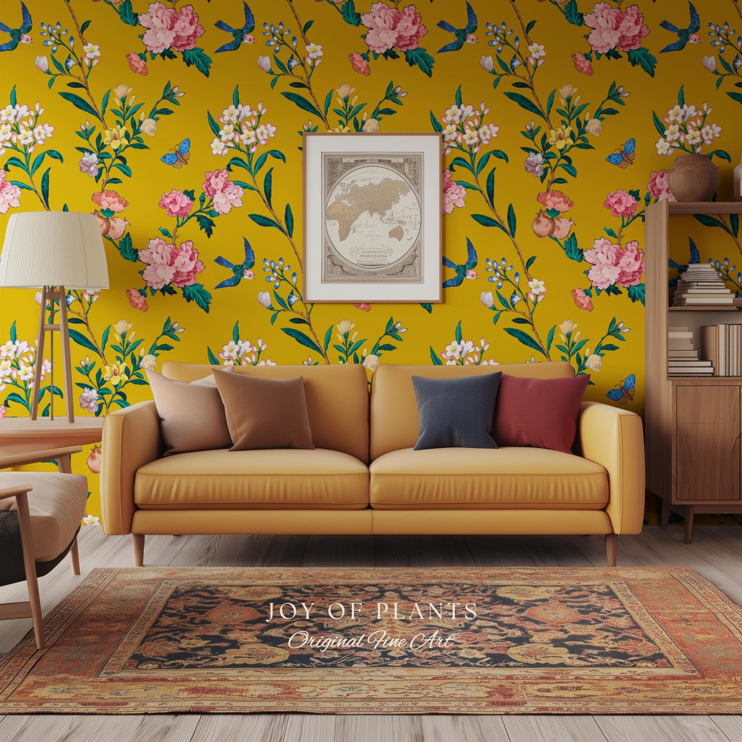 Bold Florals Mustard Yellow Wallpaper | High Contrast Maximalist Vintage Inspired Wall Covering Peel and Stick Decor Contemporary Home
