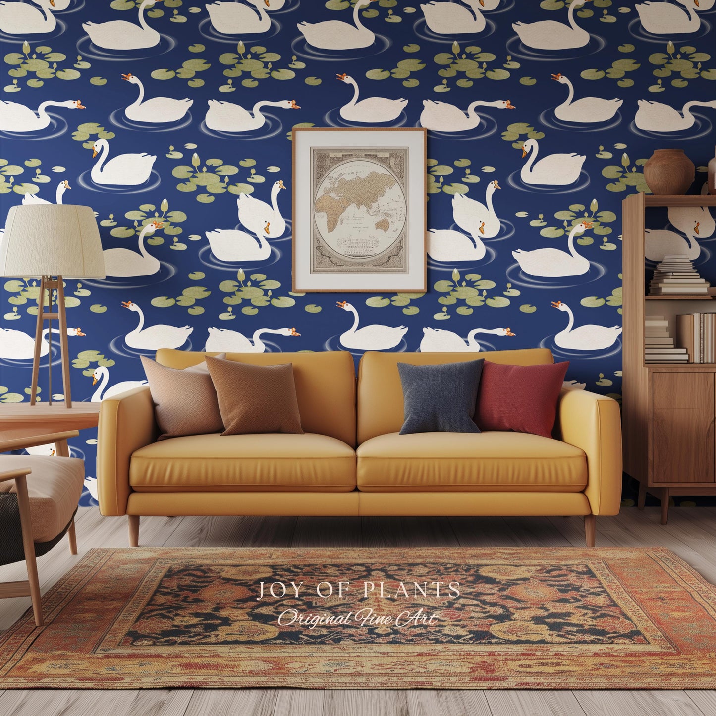 Storybook Cottage Swan Pattern Wallpaper | Navy Blue Bold High Contrast Statement Wall Nursery Decor Peel and Stick Lily Pad Marine Bedroom