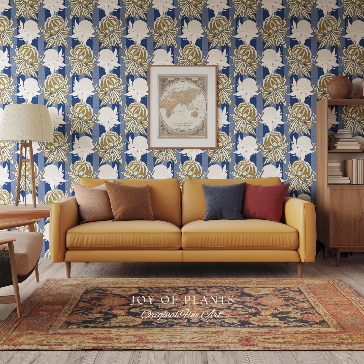 Art Deco Parisian Floral Wallpaper | Bold Boutique Flower Wall Art Cobalt Home Decor Muted Color Palette Renter Friendly Elegant Bedroom