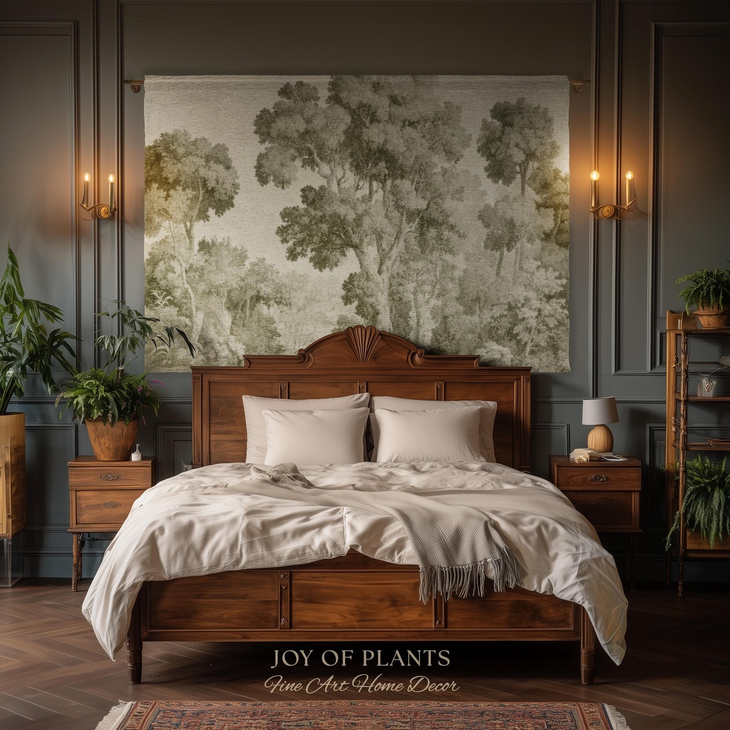 Subtle Botanical Timeless Wall Tapestry | Delicate Forest Woodland Textile Misty Arboretum Soft Countryside Pale Sage Green 19th Century