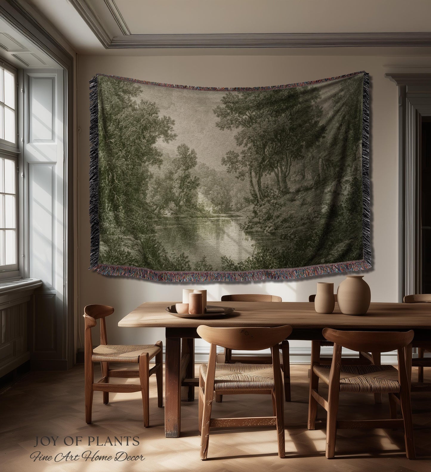 Old European Olive Green Woven Tapestry | Tonalist Lake Artwork Faded Forest Landscape Soft Monochrome Elegant Understated Estate Wall Art