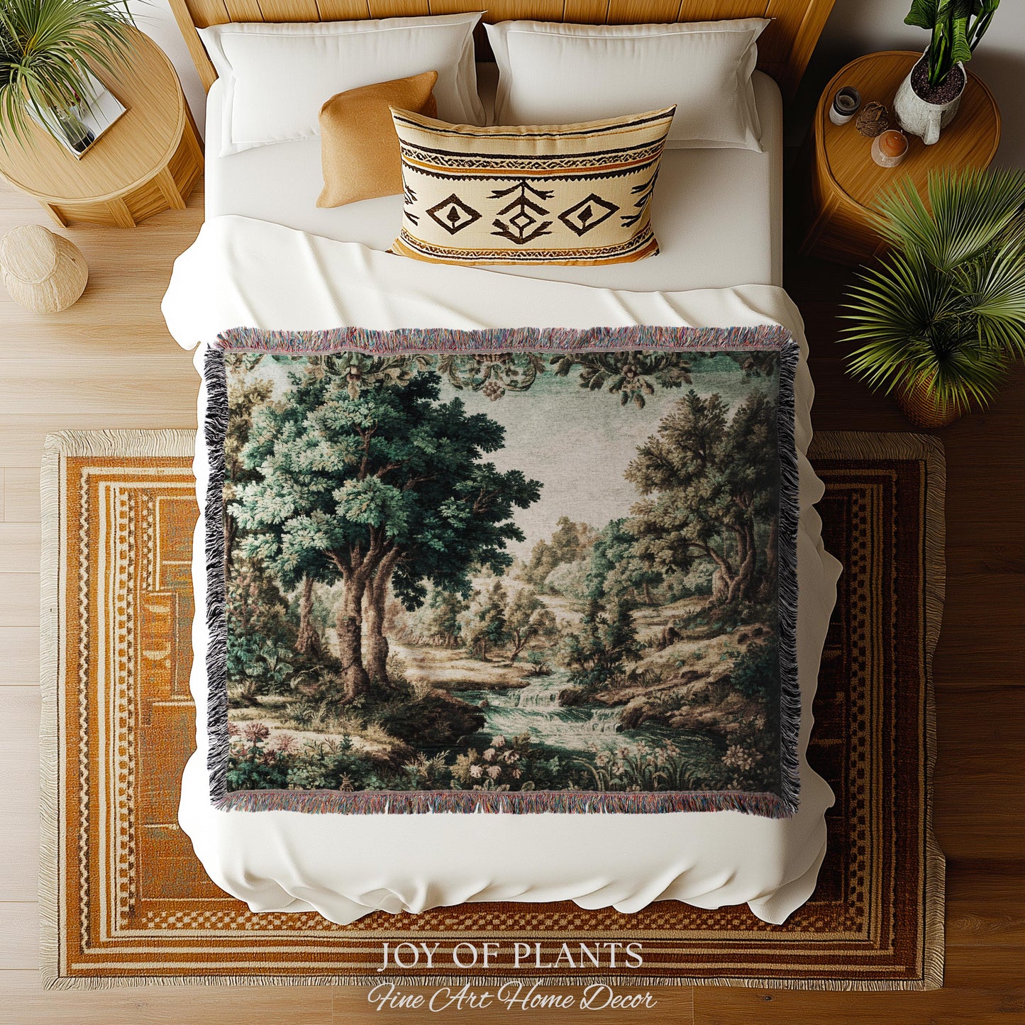 Idyllic Landscape Verdure Tapestry | Faded Botanical Elegant Verdure European Countryside Soft Verdant Woven Throw Blanket Classic Victorian