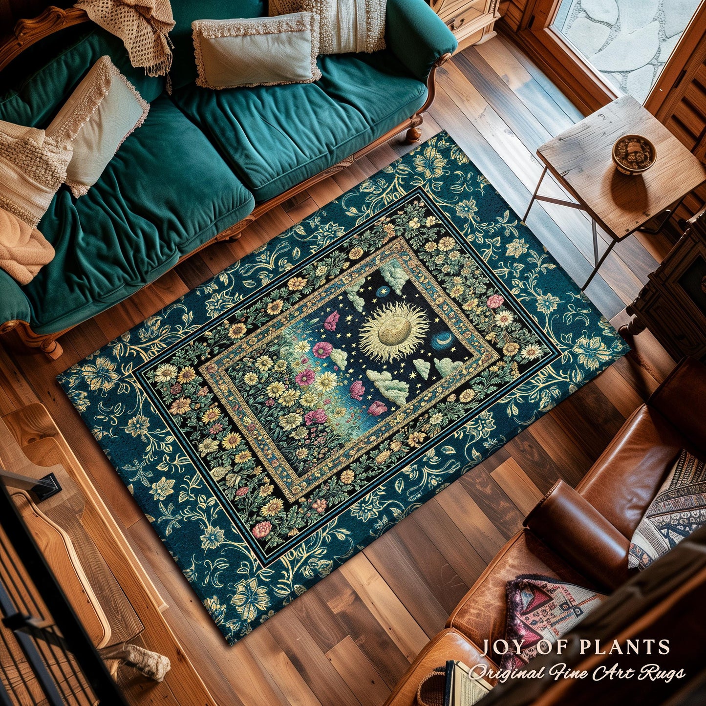 Floral Gothic Celestial Area Rug | Witchy Sun Moon Stars Spiritual Tarot Decor Bohemian Indie Bedroom Accent Cozy Cottagecore Aesthetic |