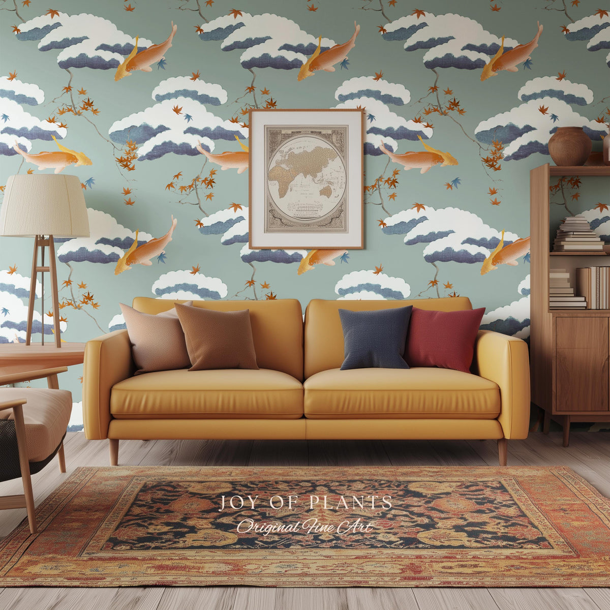 Calming Pastel Clouds Wallpaper | Koi Fish Japanese Wall Art Tranquil Atmosphere Meditation Room Peel and Stick Decor Muted Sage Palette