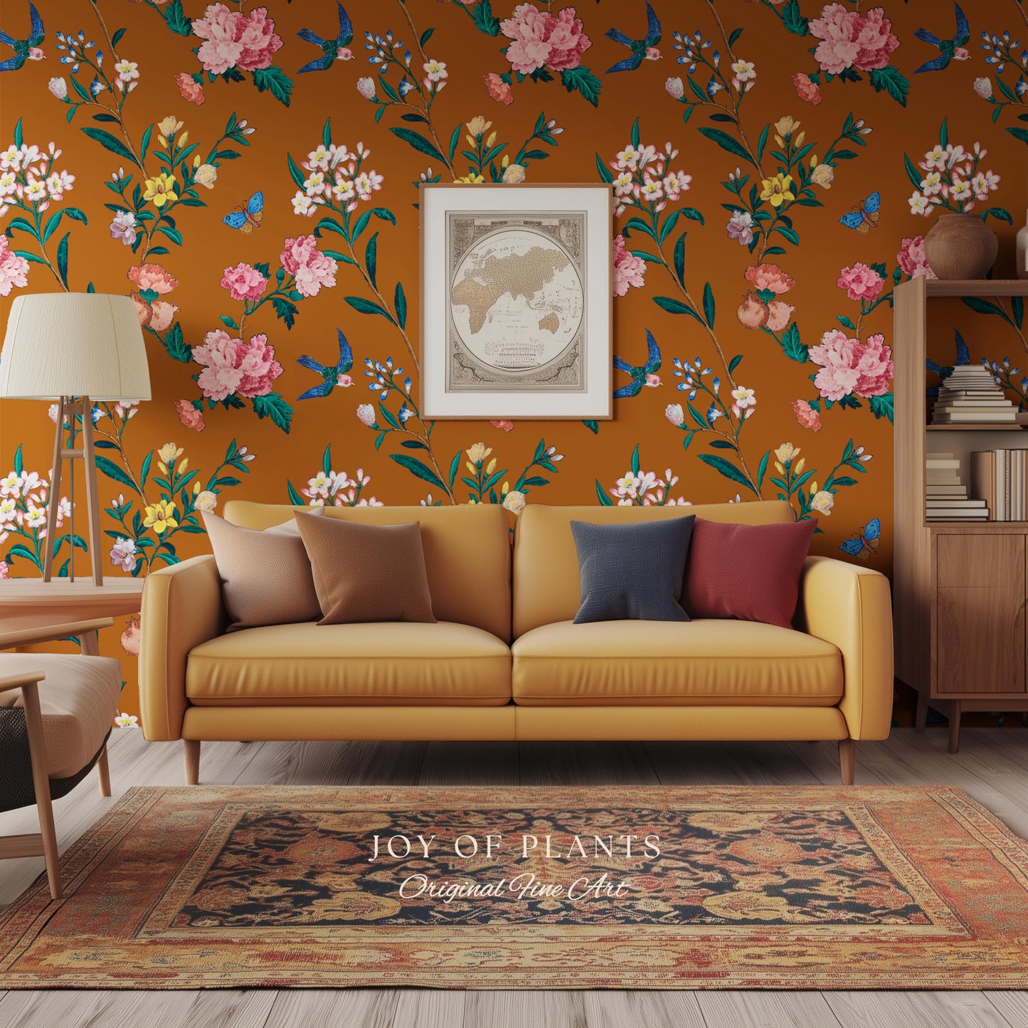 Rust Orange Flowing Vine Wallpaper | Soft Florals Chinoiserie Inspired Botanical Wall Art Peel and Stick Luxury Artistry Bird Print Accent
