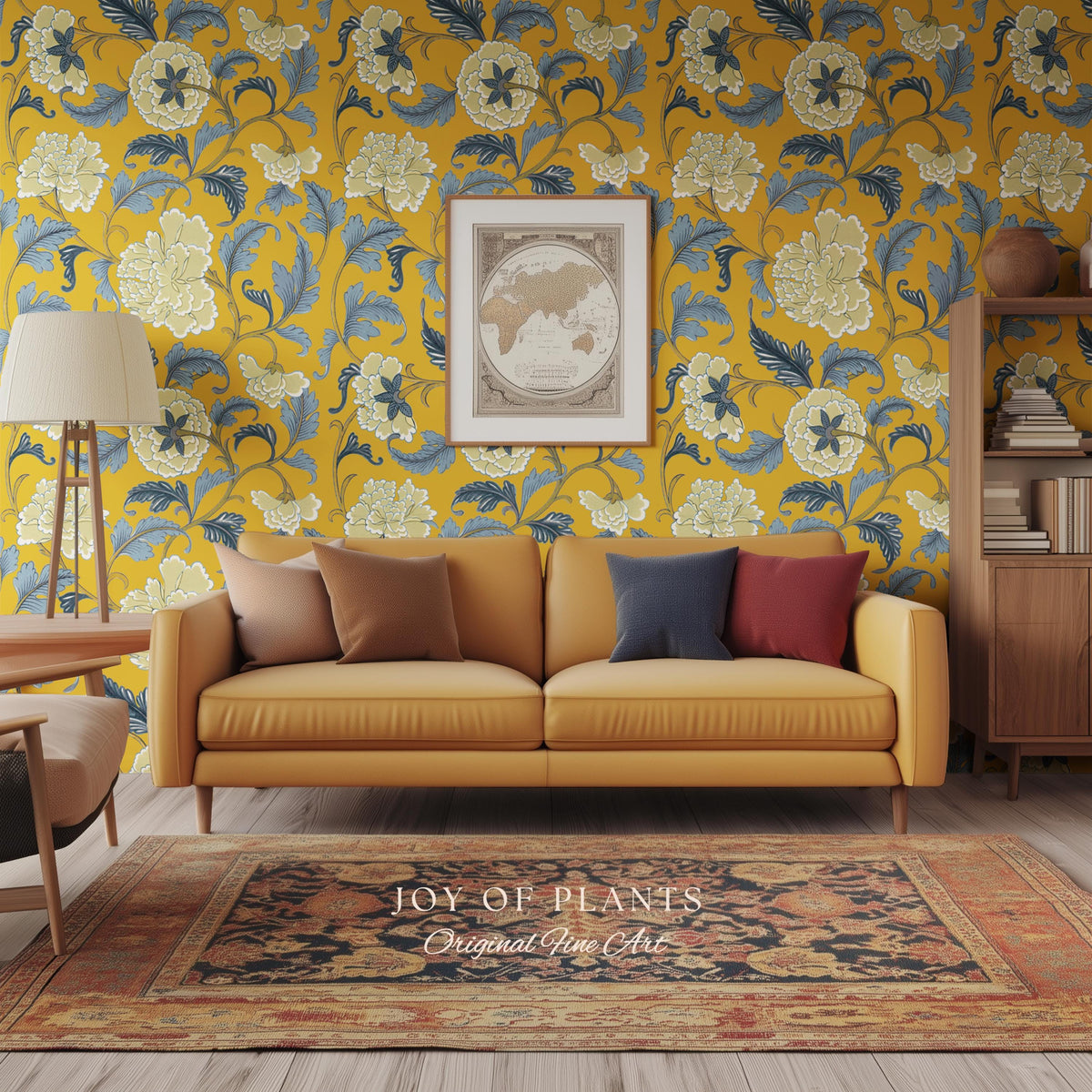 Formal European Damask Wallpaper | Rococo Chinoiserie French Florals Peony Wall Renter Friendly Peel & Stick Mustard Yellow Grandmillenial