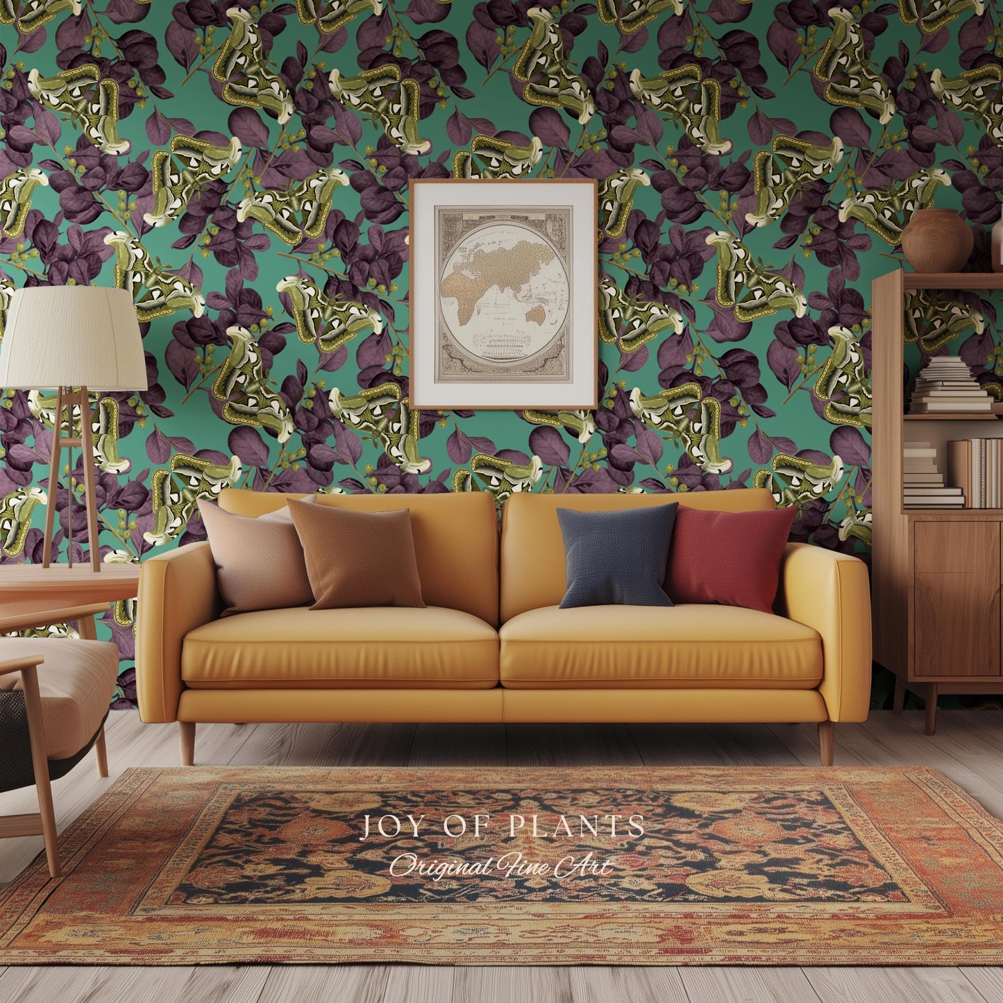 Deep Plum Botanical Butterfly Wallpaper | Moody Wildlife Maximalist Dark Nature Peel and Stick Purple & Green Renter Friendly Curiosity Art
