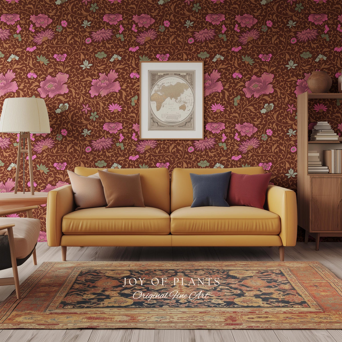 Bohemian Folk Ornamental Wallpaper | Retro Mid-Century Cottage Wall Art Renter Friendly Mauve Maximalist Peel and Stick Floral Chinoiserie