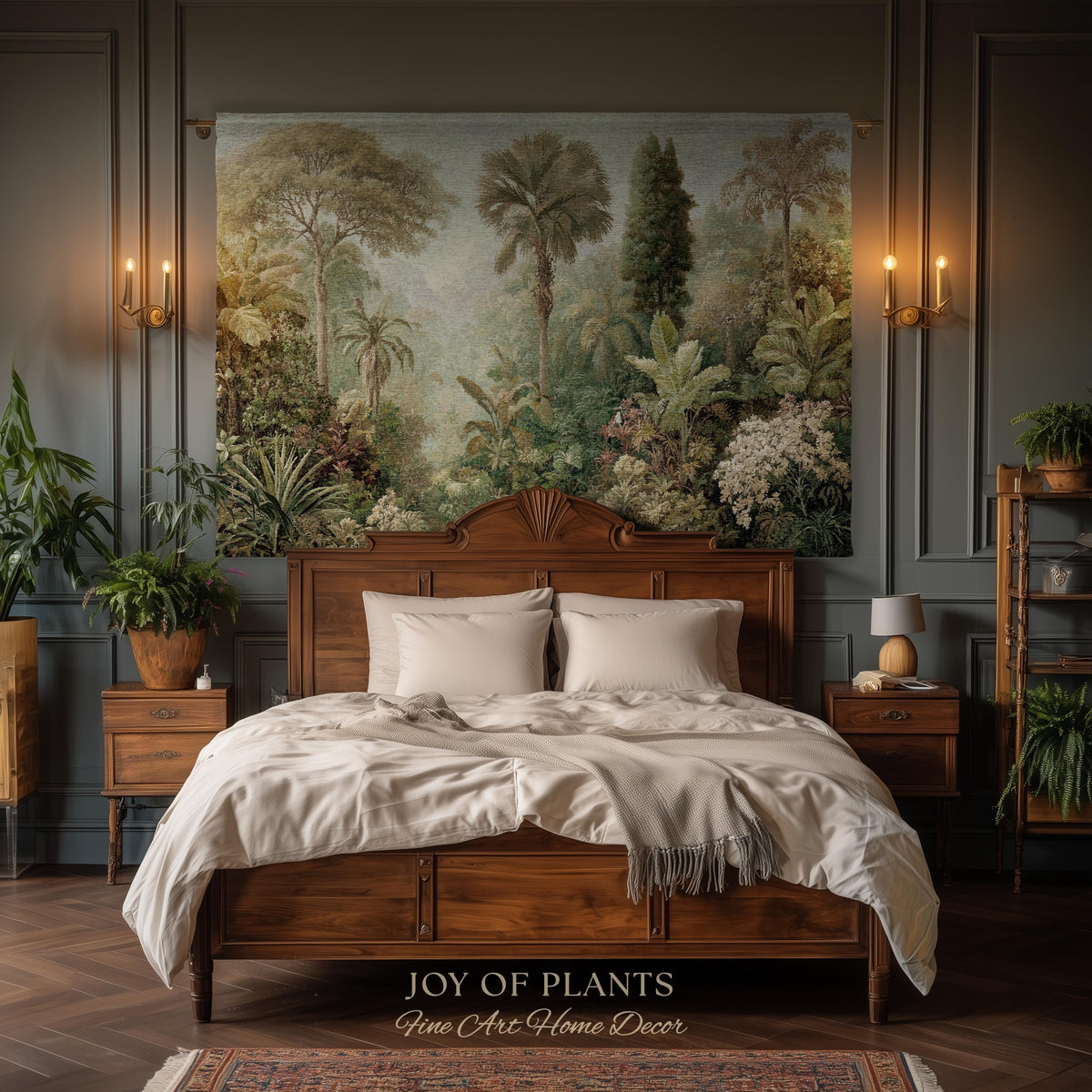 Misty Muted Tropical Greenery Tapestry | Vintage Palm Landscape Old World Jungle Woven Throw Blanket Verdure Jacquard Lush Wall Art