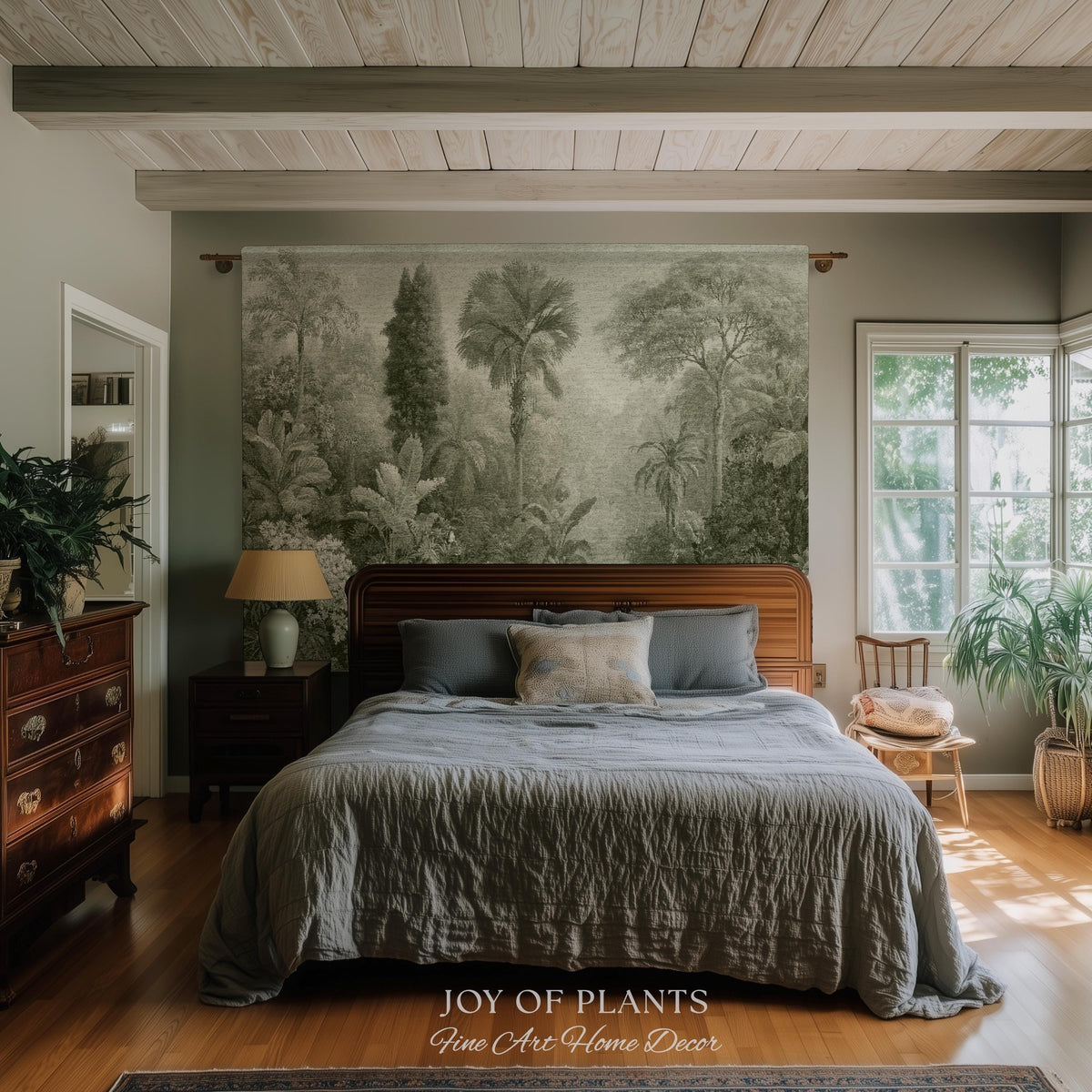 Heritage Botanical Rainforest Tapestry | Museum Textile Sage Green Romantic Woven Throw Blanket Victorian Jungle Wall Art Pastoral Trees