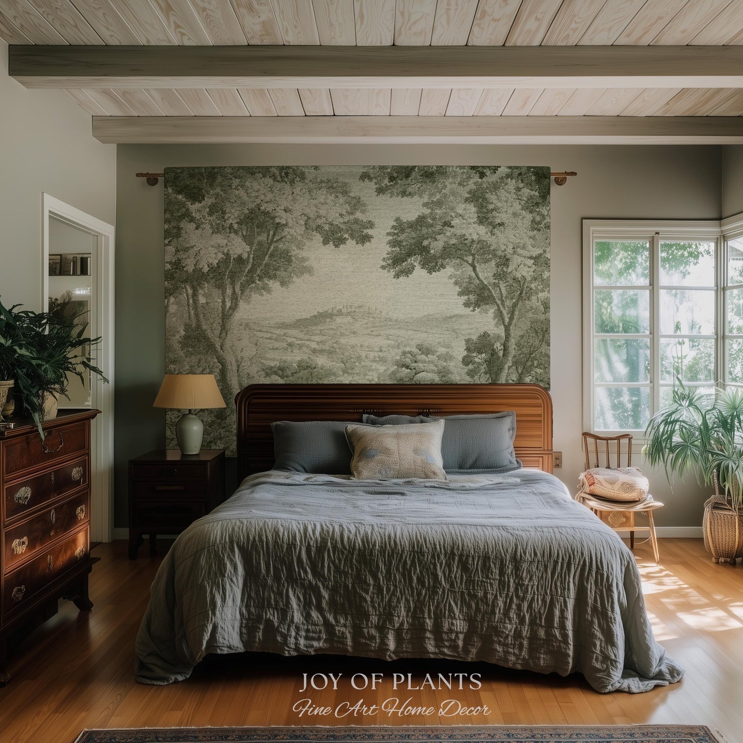 Soft Olive Pastoral Vista Tapestry | Old World Faded Textile Woodland Verdure Landscape 18th Century European Historic Countryside Blanket