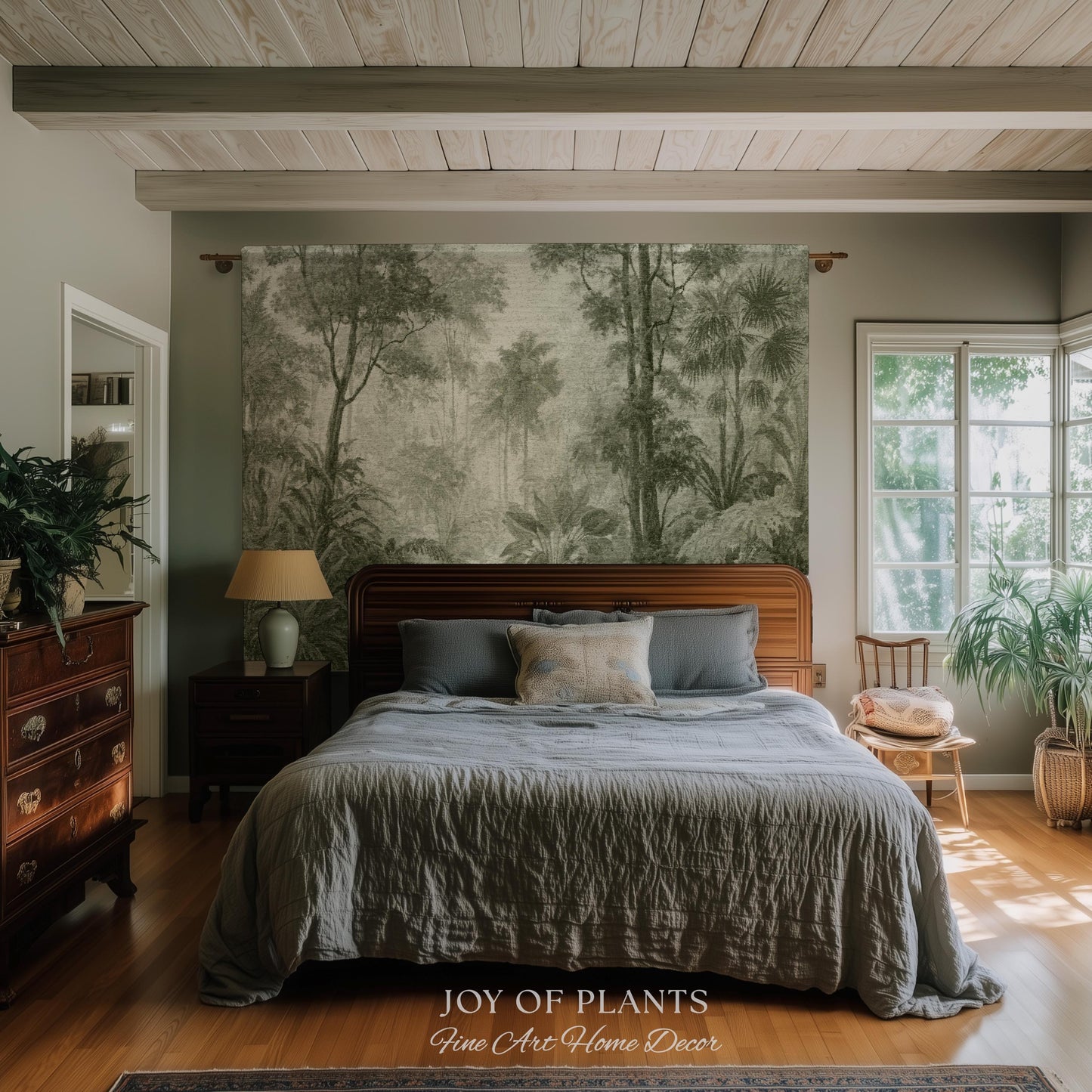 Misty Palm Jungle Monochrome Wall Textile | Vintage Naturalist Jungle Landscape Tapestry Olive Green Muted Tropical Woven Jacquard Throw
