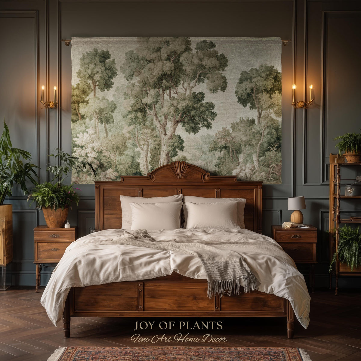 Soft Green Woodland Jacquard Tapestry | Dreamy Trees Verdure Woven Throw Blanket Light Academia Landscape Botanical Earth Tone Textile