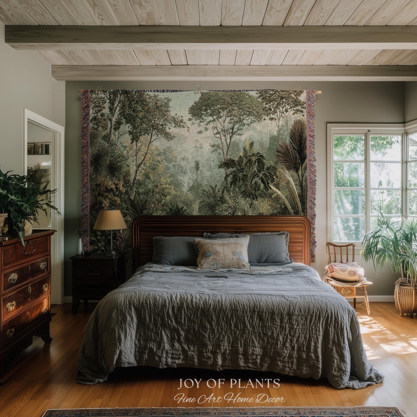 Old World Tropical Valley Woven Tapestry | Green Conservatory Naturalist Throw Blanket Verdure Landscape Victorian Botanical Classical Art