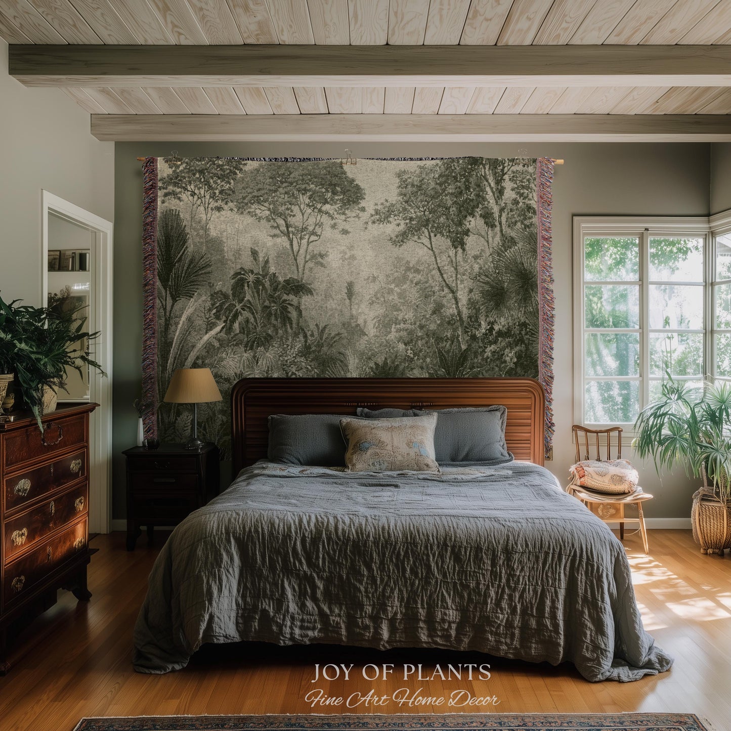 Overgrown Wilderness Botanical Tapestry | Monochrome Sage Green Natural History Misty Tropical European Conservatory Wall Textile Jacquard