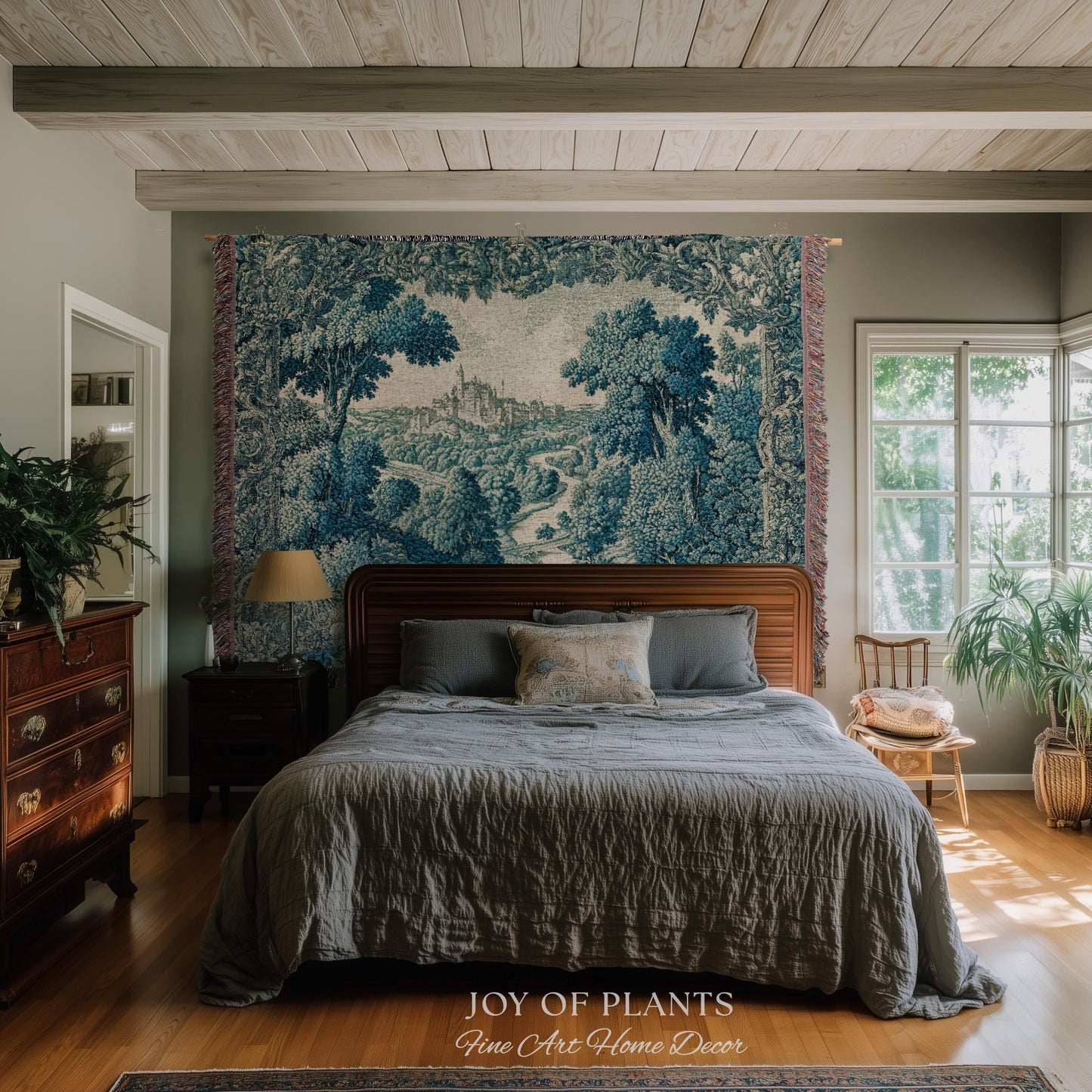 Faded Turquoise Landscape Tapestry | French Country Romantic Hilltop Castle Aubusson Countryside Estate Grandmillenial Chateau Traditional