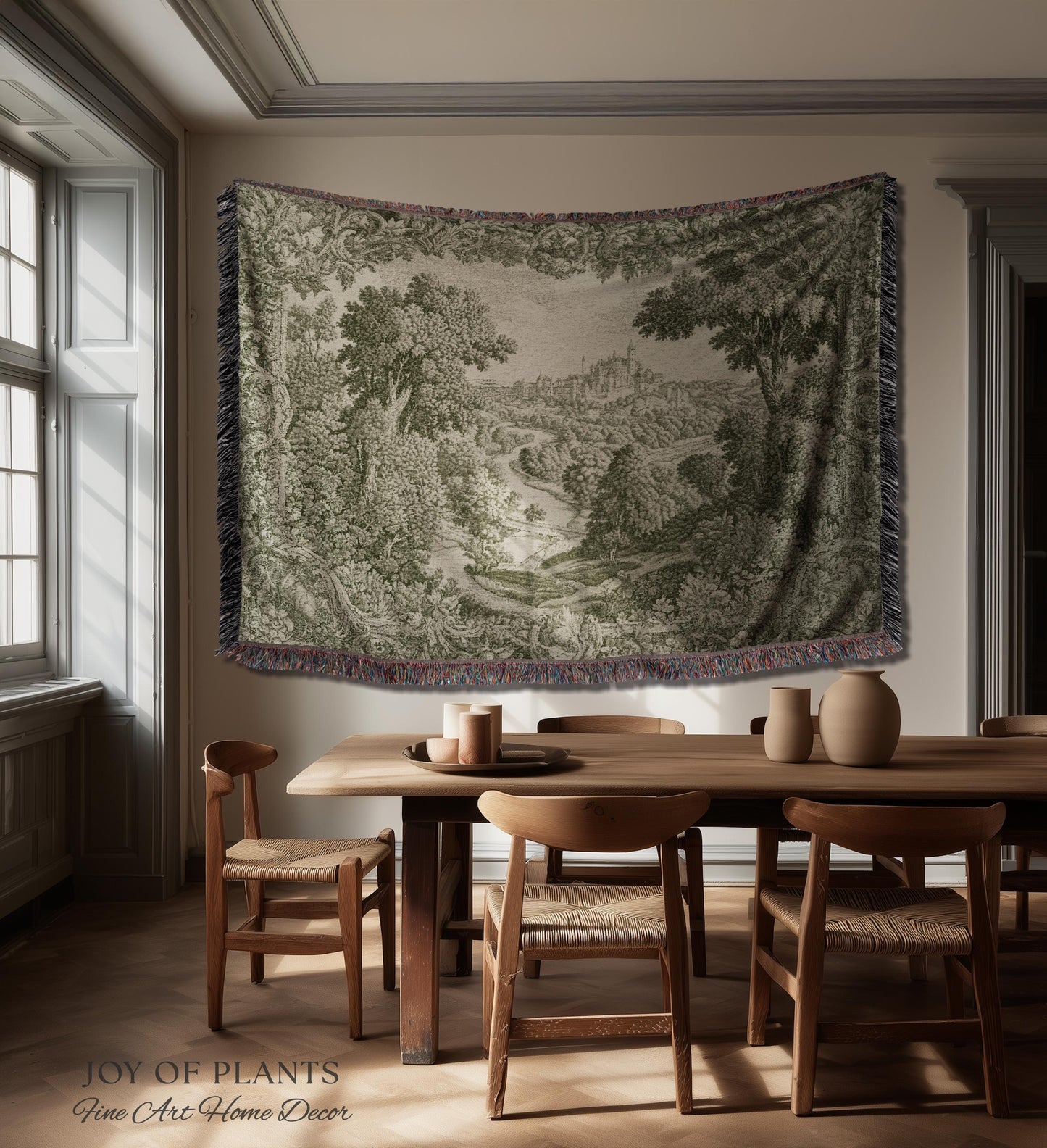 Storybook Chateau Sage Green Wall Art | Vintage Castle Verdure Historic Textile Romantic Medieval Revival French Country Throw Blanket