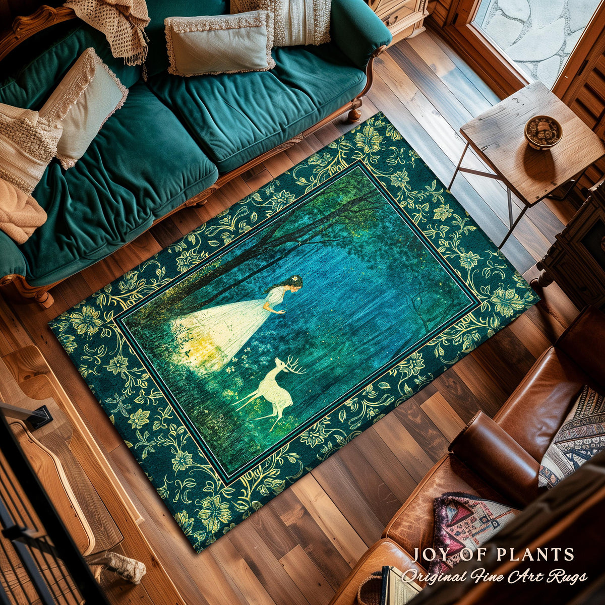 Spirit Animal Magic Forest Rug | Woodland Folklore Accent Rug Spiritual Meaning Enchanted Woods Botanical Whimsical Deer Ethereal Goddess |